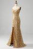 Load image into Gallery viewer, Golden Mermaid Spaghetti Straps Sequined Prom Dress With Slit