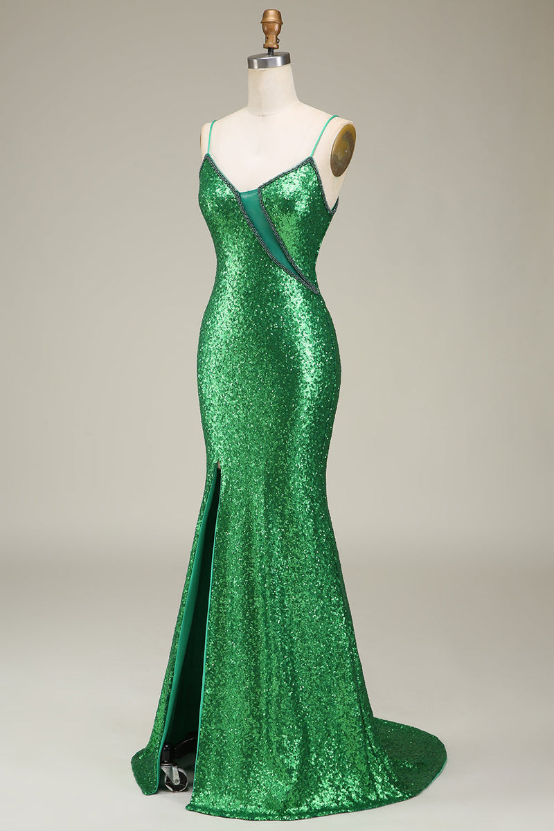 Load image into Gallery viewer, Sparkly Mermaid Spaghetti Straps Green Sequins Long Prom Dress with Split Front