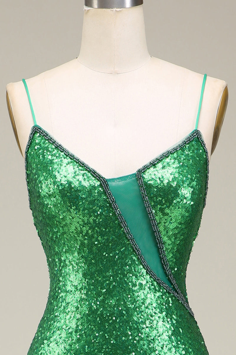 Load image into Gallery viewer, Sparkly Mermaid Spaghetti Straps Green Sequins Long Prom Dress with Split Front