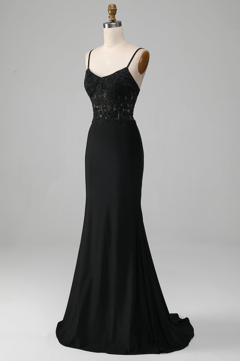 Load image into Gallery viewer, Black Mermaid Spaghetti Straps Corset Prom Dress With Appliques