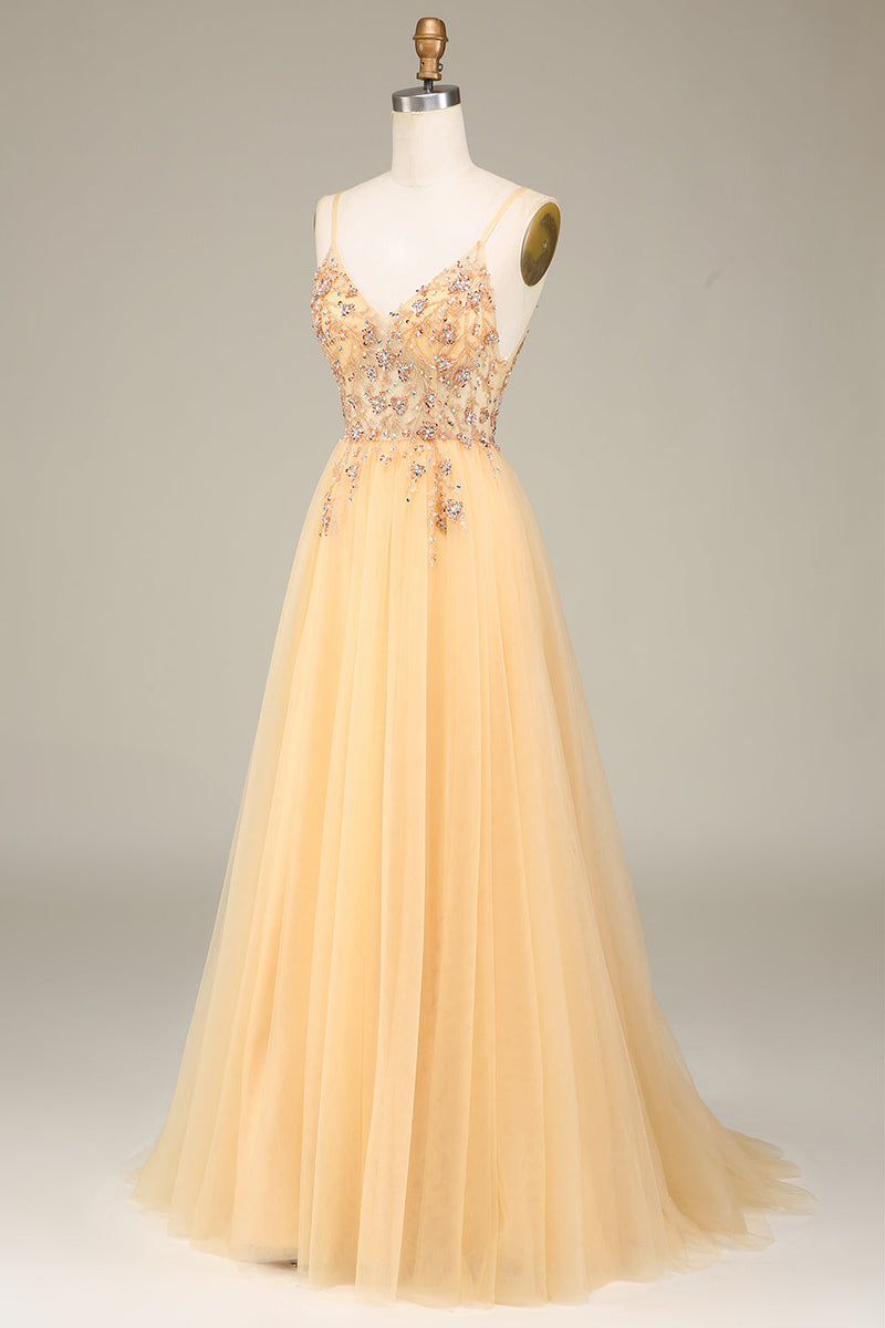 Load image into Gallery viewer, Charming A Line Spaghetti Straps Golden Long Prom Dress with Beading