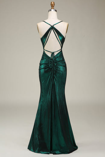 Mermaid Spaghetti Straps Dark Green Long Prom Dress with Open Back