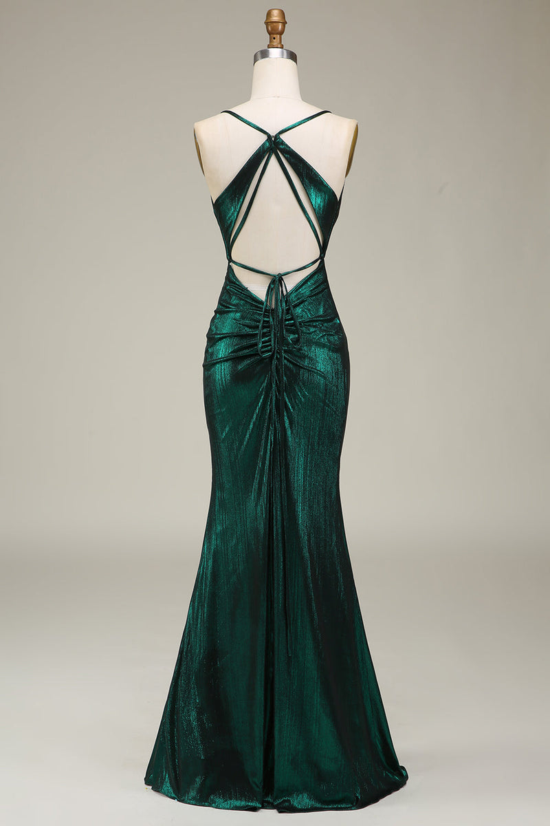 Load image into Gallery viewer, Mermaid Spaghetti Straps Dark Green Long Prom Dress with Open Back