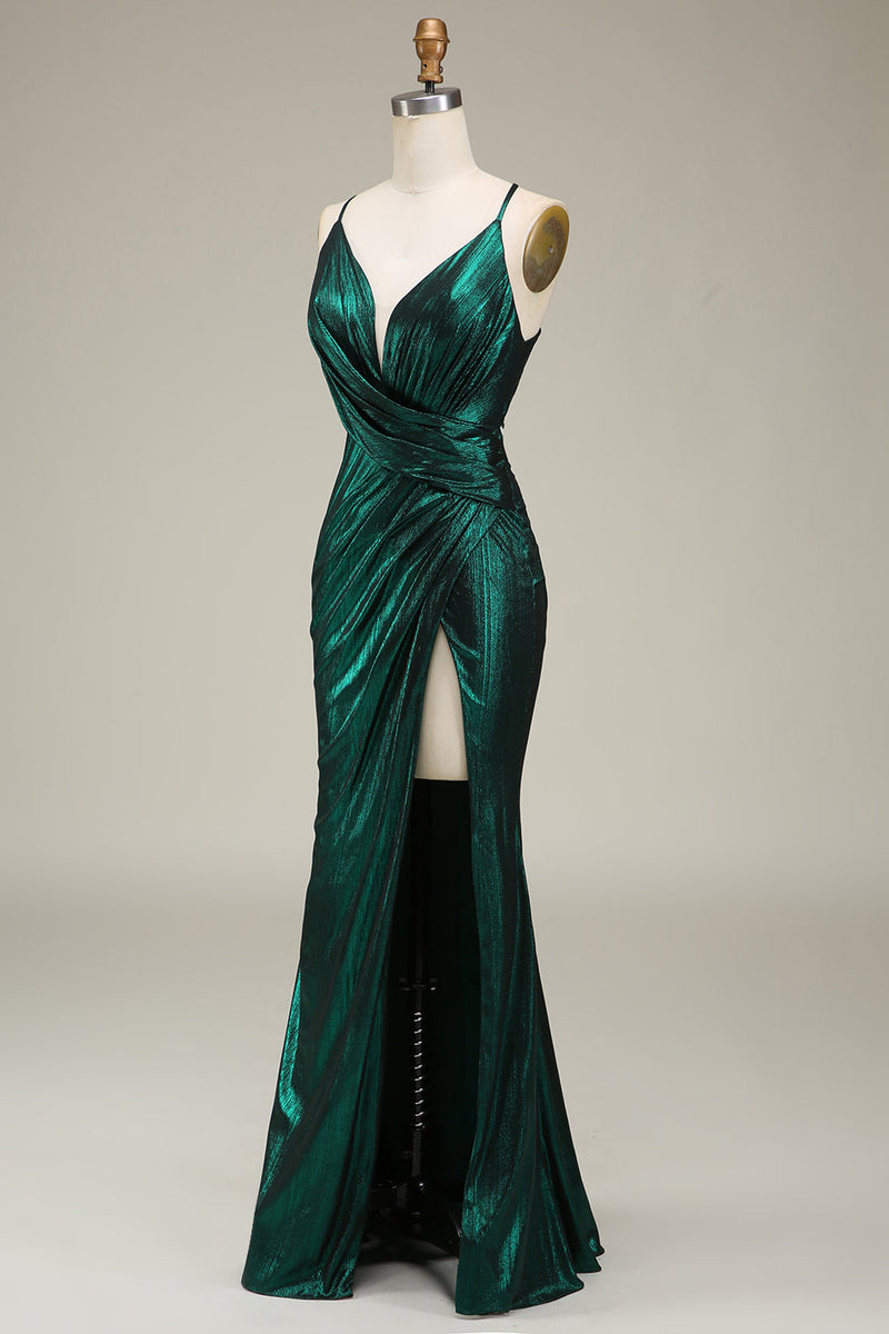 Load image into Gallery viewer, Mermaid Spaghetti Straps Dark Green Long Prom Dress with Open Back