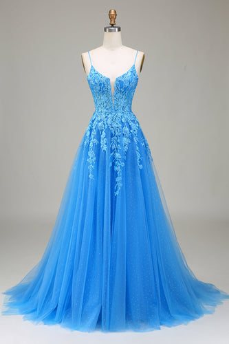 A-Line Spaghetti Straps Blue Tulle Prom Dress With Appliques