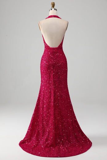 Fuchsia Mermaid Halter Sequin Prom Dress With Slit