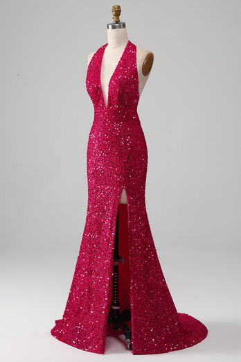 Fuchsia Mermaid Halter Sequin Prom Dress With Slit