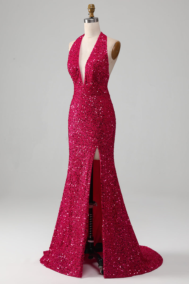 Load image into Gallery viewer, Fuchsia Mermaid Halter Sequin Prom Dress With Slit