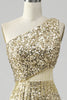 Load image into Gallery viewer, Golden One Shoulder Fringe Sequin Prom Dress With Slit