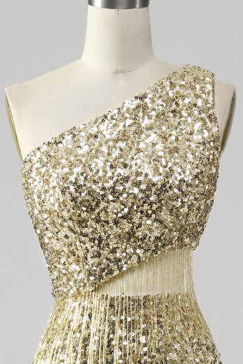 Golden One Shoulder Fringe Sequin Prom Dress With Slit