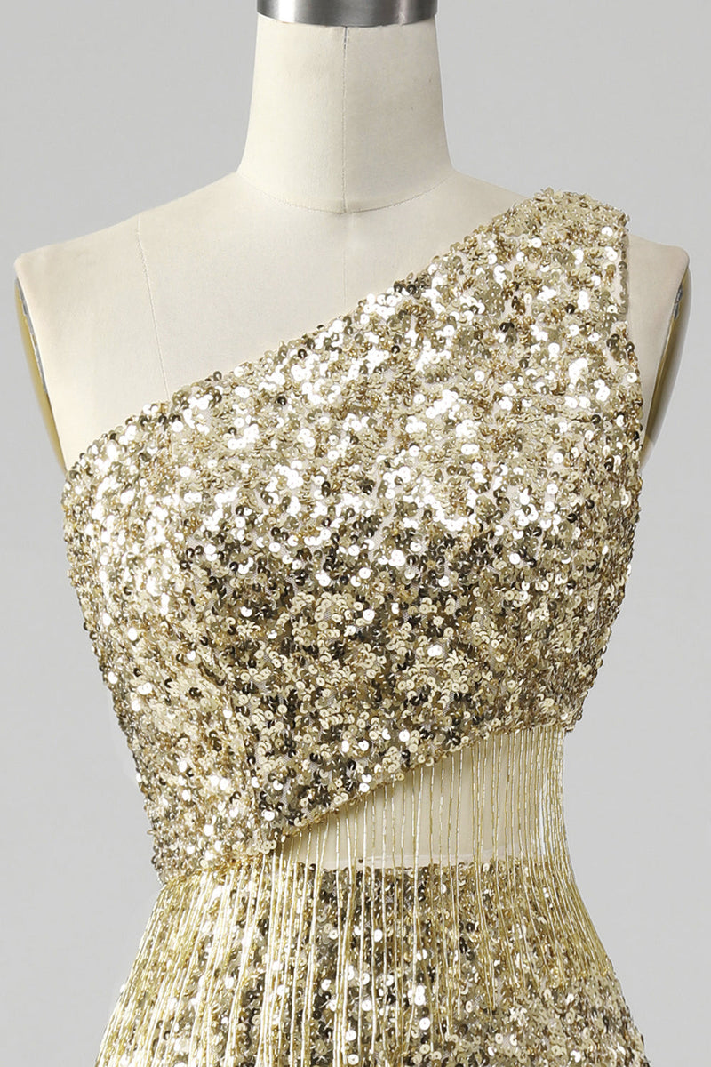 Load image into Gallery viewer, Golden One Shoulder Fringe Sequin Prom Dress With Slit