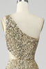 Load image into Gallery viewer, Golden One Shoulder Fringe Sequin Prom Dress With Slit