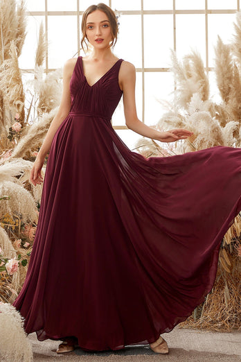 Burgundy V Neck Chiffon Bridesmaid Dress