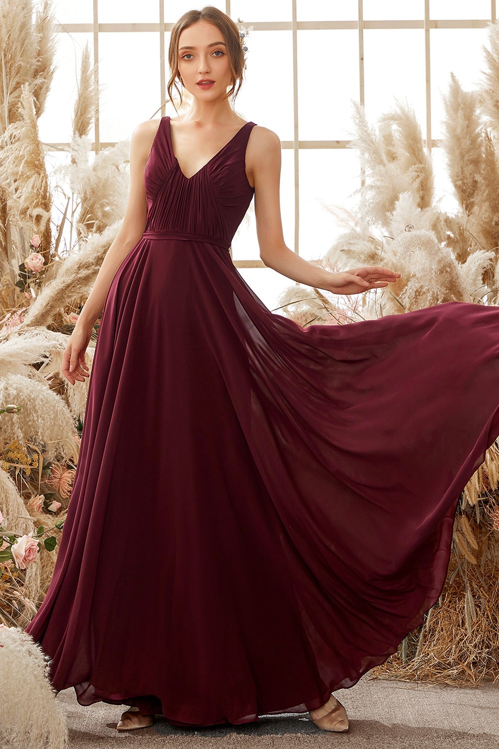 Burgundy V Neck Chiffon Bridesmaid Dress