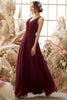 Load image into Gallery viewer, Burgundy V Neck Chiffon Bridesmaid Dress