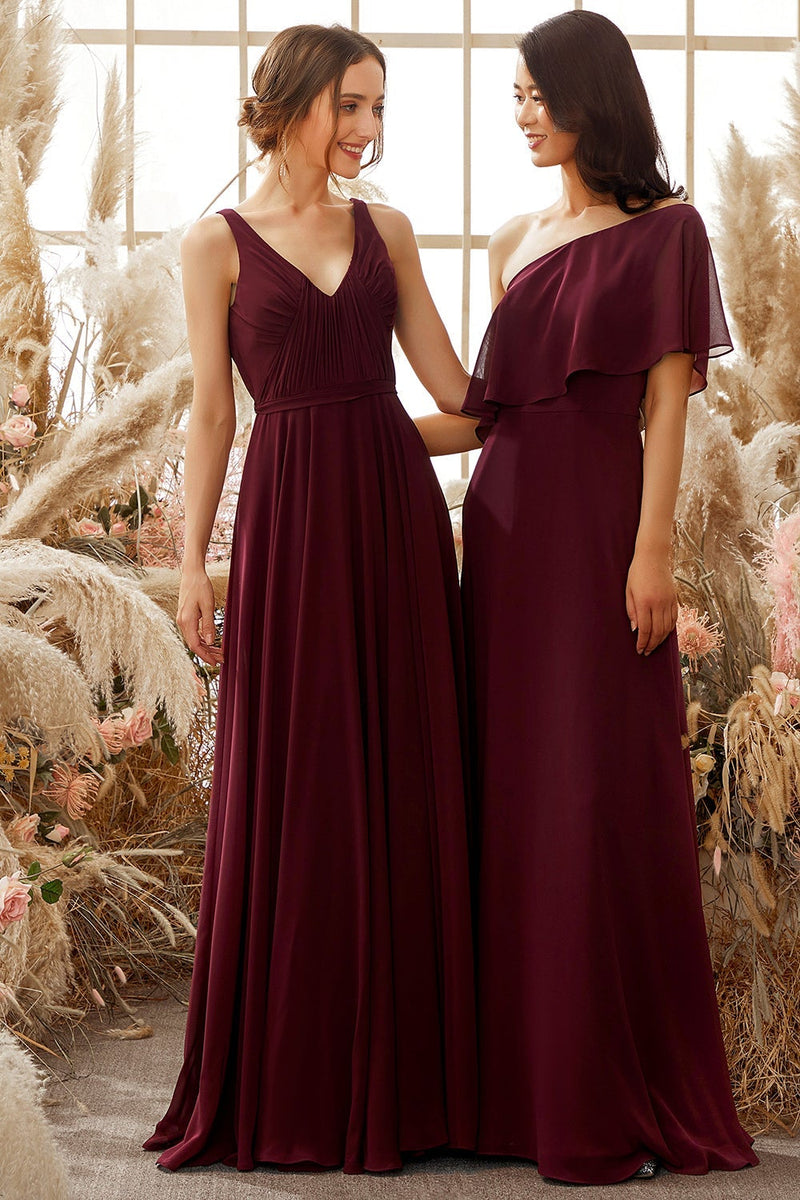 Load image into Gallery viewer, Burgundy V Neck Chiffon Bridesmaid Dress