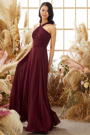 Burgundy Halter Chiffon Bridesmaid Dress