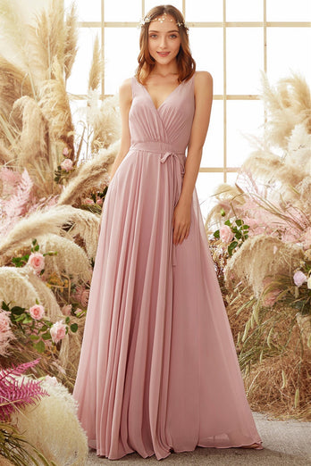 Blush V Neck Long Chiffon Bridesmaid Dress