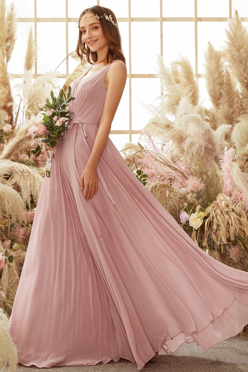 Load image into Gallery viewer, Blush V Neck Long Chiffon Bridesmaid Dress