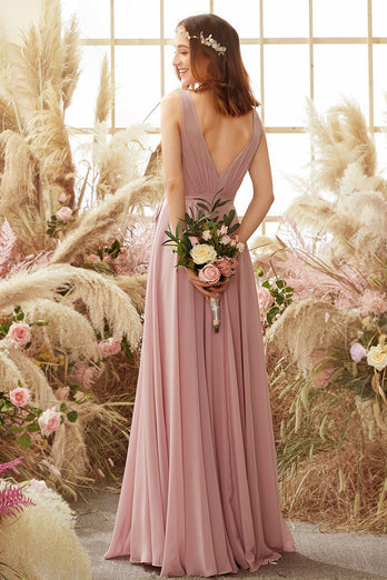 Blush V Neck Long Chiffon Bridesmaid Dress