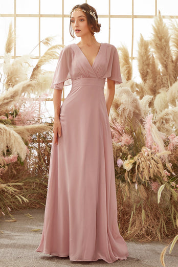 Blush Batwing Sleeves Chiffon Bridesmaid Dress