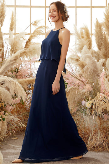 Halter Navy Chiffon Bridesmaid Dress