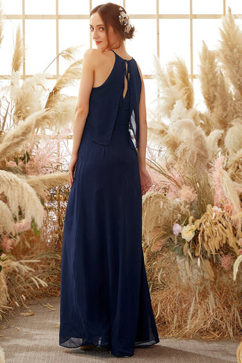 Halter Navy Chiffon Bridesmaid Dress