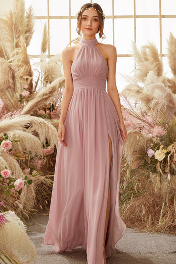 Halter Pleated Chiffon Bridesmaid Dress