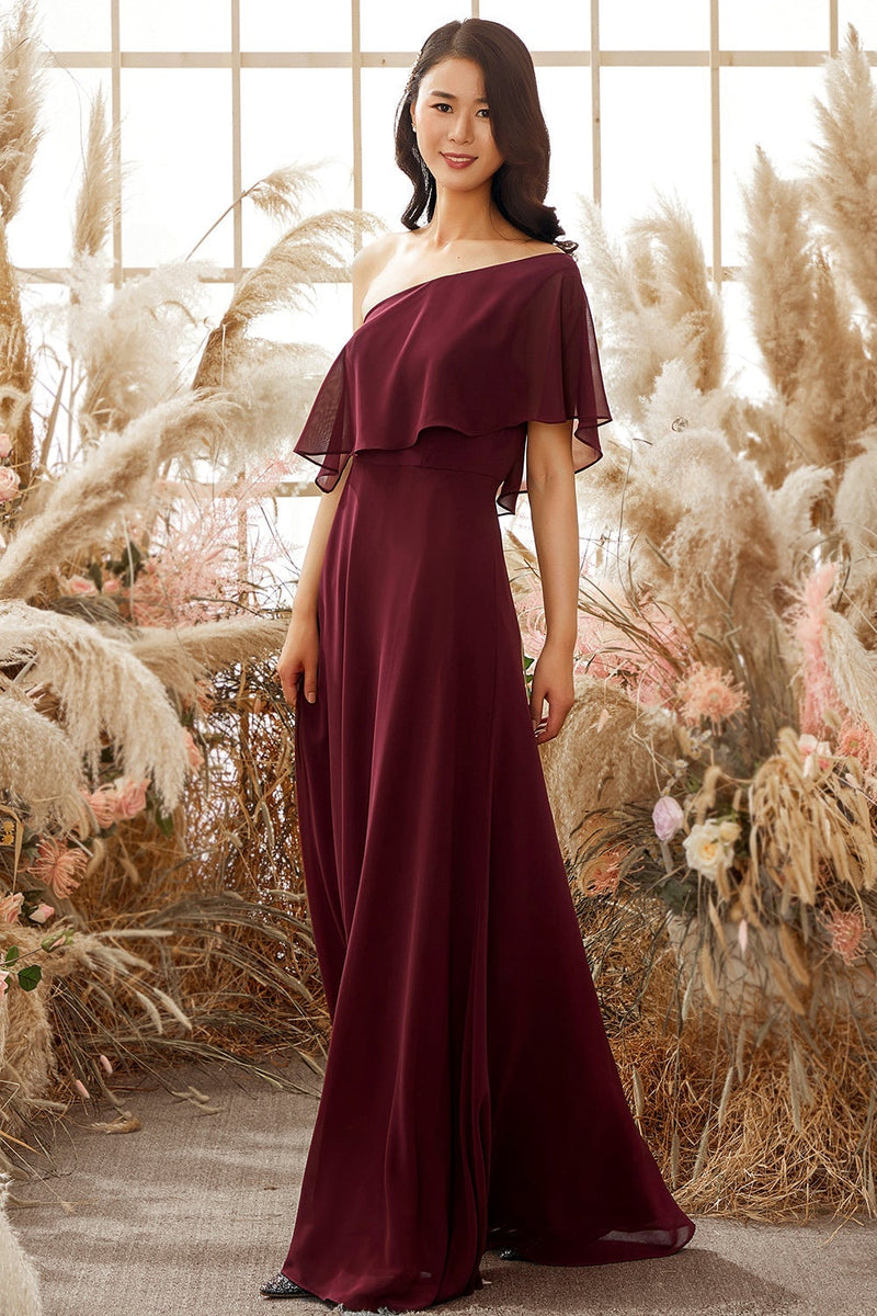 Load image into Gallery viewer, One Shoulder Burgundy Chiffon Bridesmaid Dress