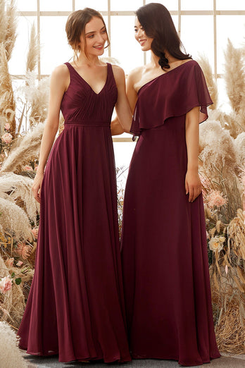 One Shoulder Burgundy Chiffon Bridesmaid Dress