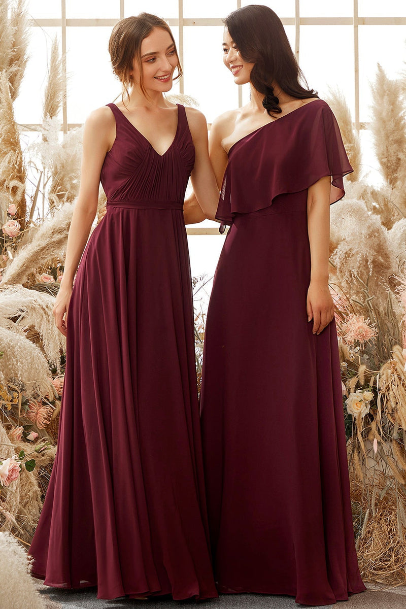 Load image into Gallery viewer, One Shoulder Burgundy Chiffon Bridesmaid Dress