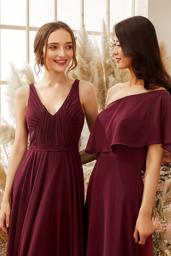 One Shoulder Burgundy Chiffon Bridesmaid Dress