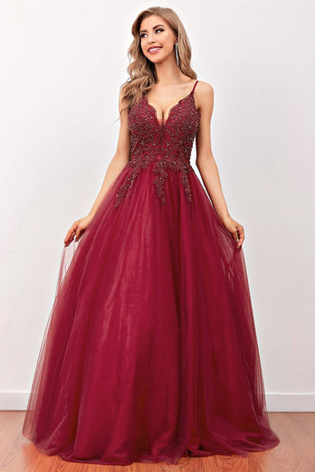 Burgundy Beaded Long Prom Dress