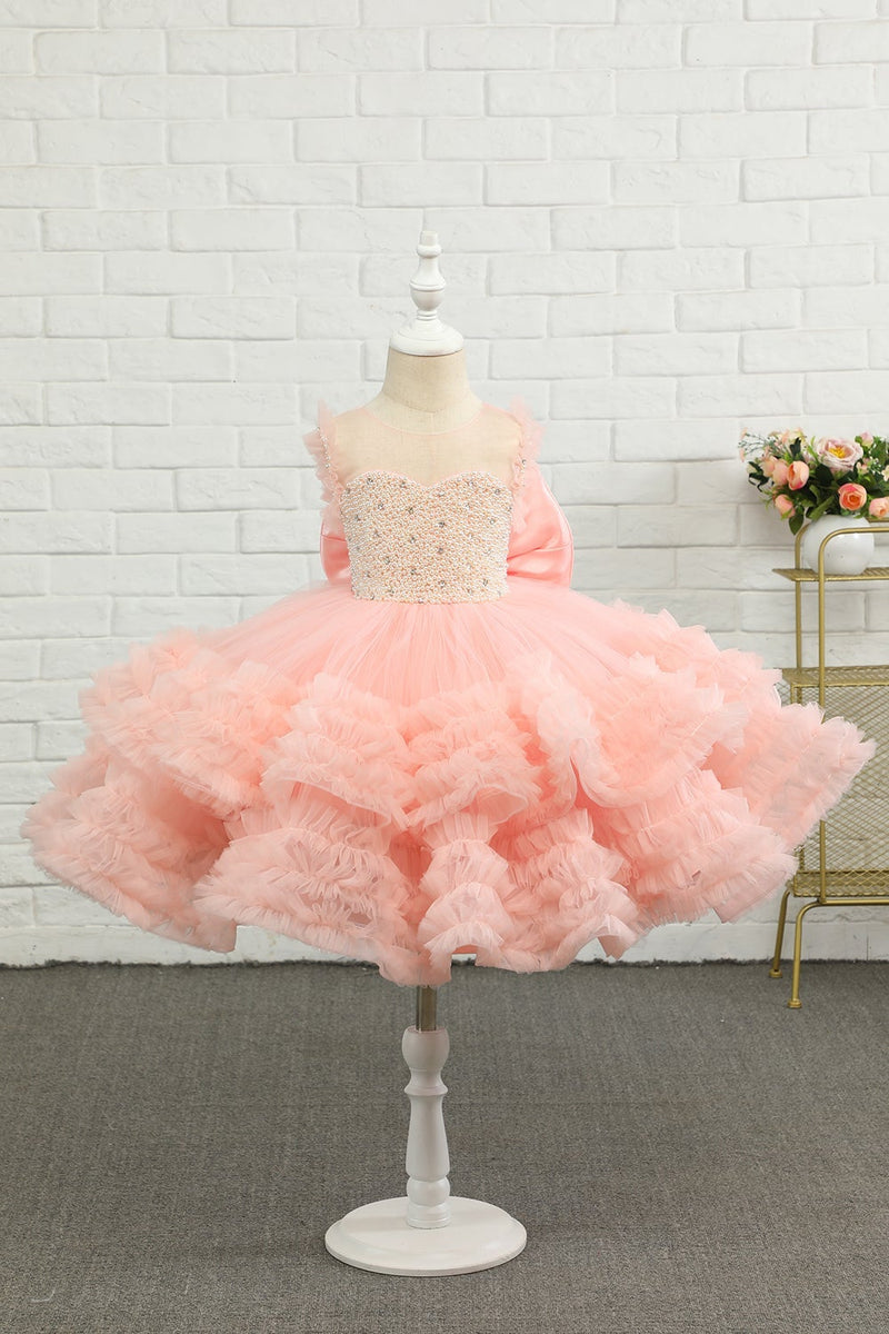 Load image into Gallery viewer, Pink Beading Tulle Flower Girl Dress with Bow