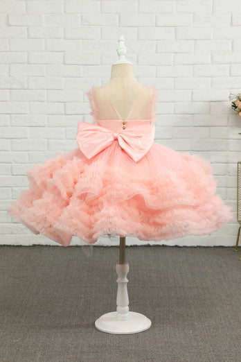 Pink Beading Tulle Flower Girl Dress with Bow