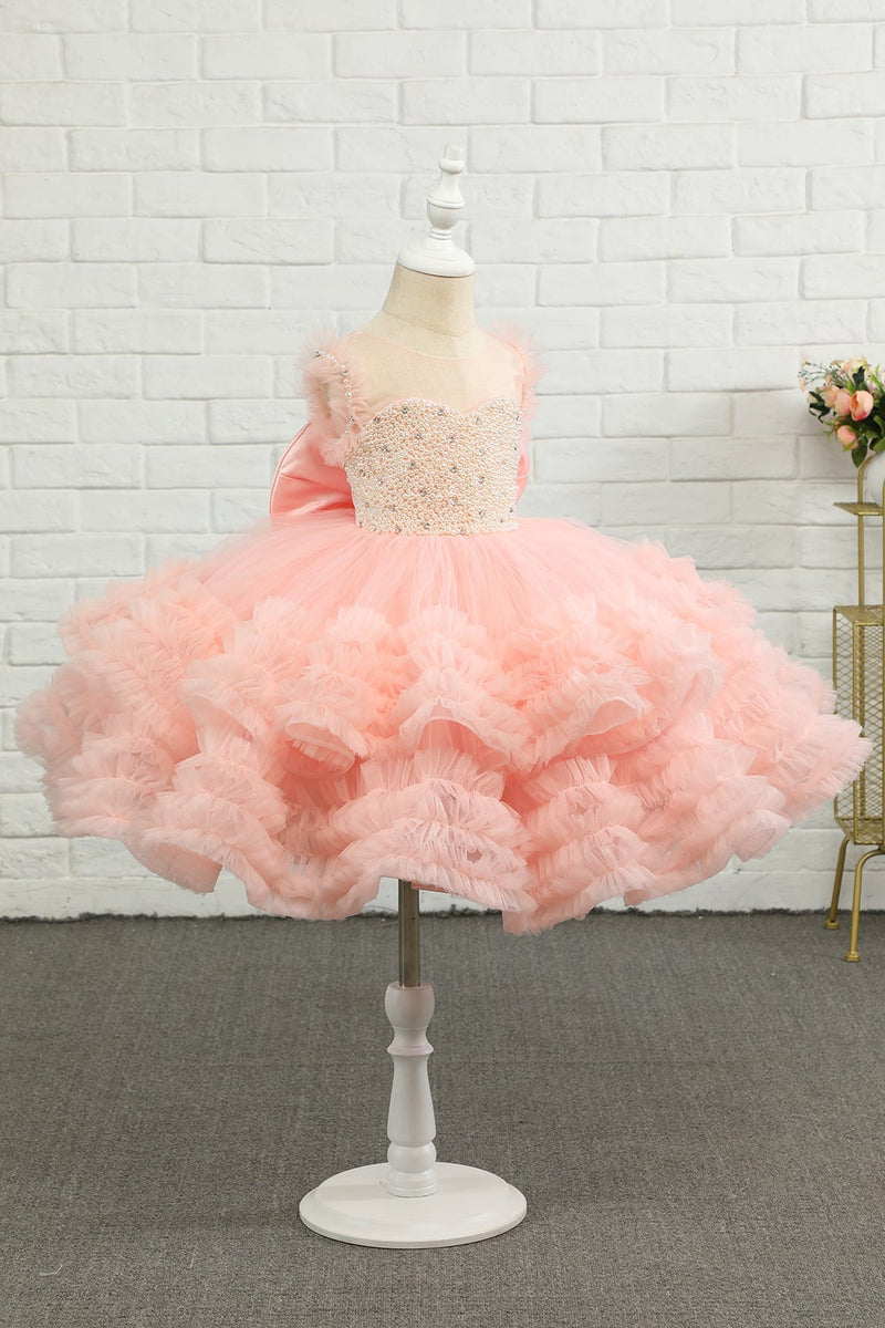 Load image into Gallery viewer, Pink Beading Tulle Flower Girl Dress with Bow