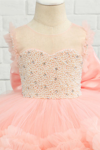 Pink Beading Tulle Flower Girl Dress with Bow