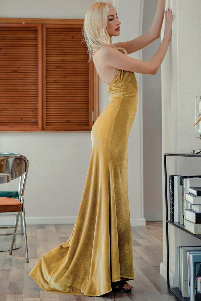 Load image into Gallery viewer, Golden Velvet Evening Party Dress