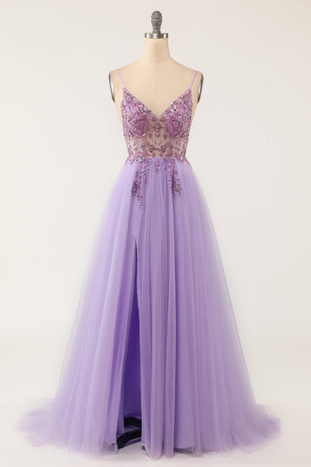 Purple Beaded Tulle A-line Long Prom Dress