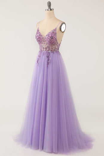 Purple Beaded Tulle A-line Long Prom Dress