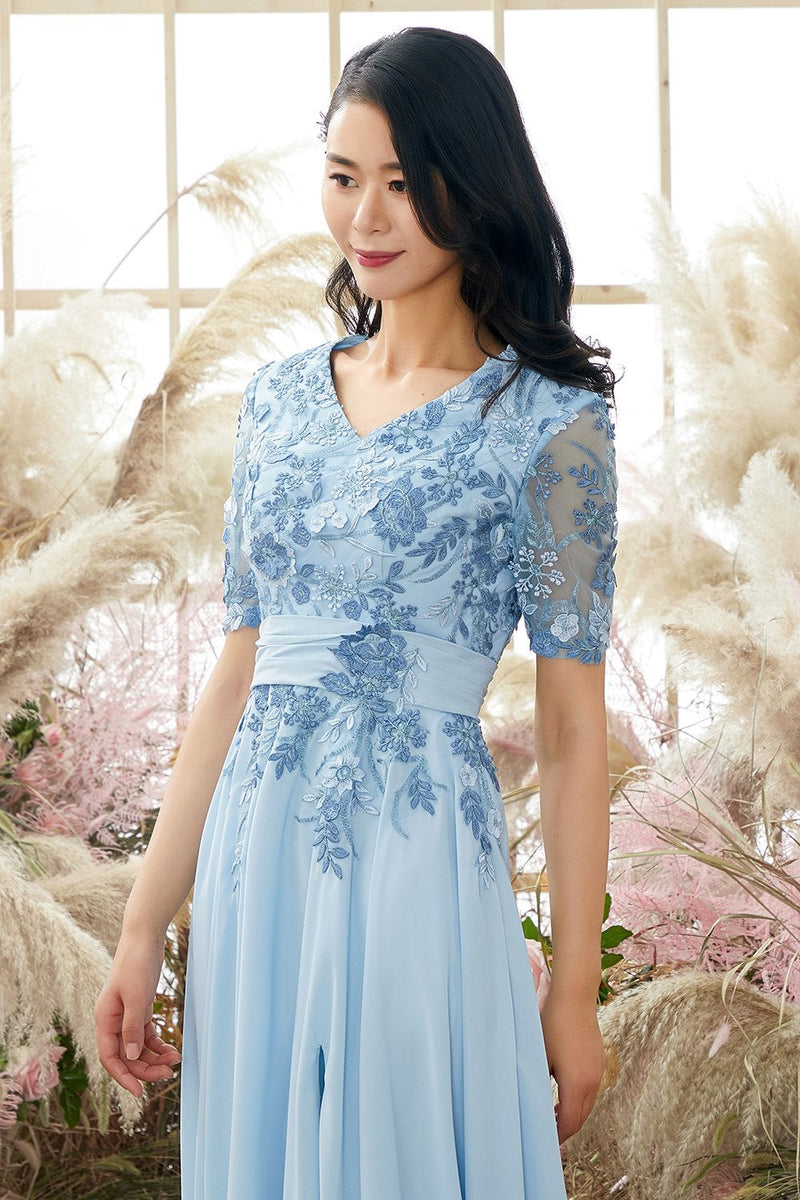 Load image into Gallery viewer, V Neck Blue Mother of Bride Dress with Appliques