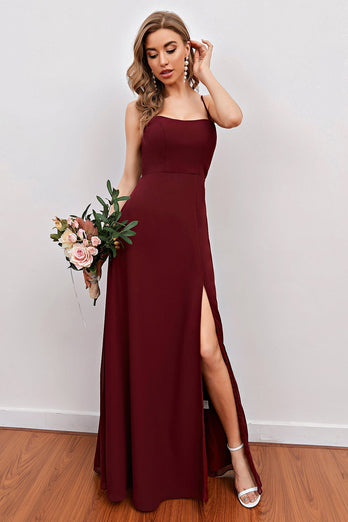 Burgundy Spaghetti Straps Long Bridesmaid Dress with Split