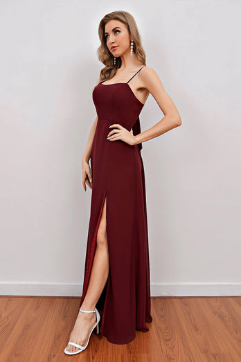 Burgundy Spaghetti Straps Long Bridesmaid Dress with Split