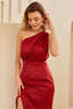 Load image into Gallery viewer, Burgundy One Shoulder Long Bridesmaid Dress