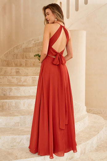 Rust Brown Open Back Bridesmaid Dress