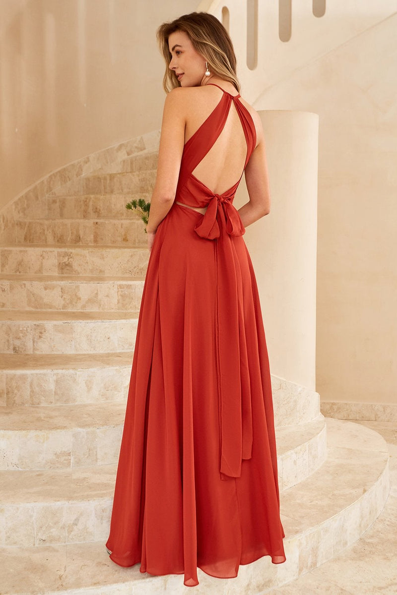 Load image into Gallery viewer, Rust Brown Open Back Bridesmaid Dress