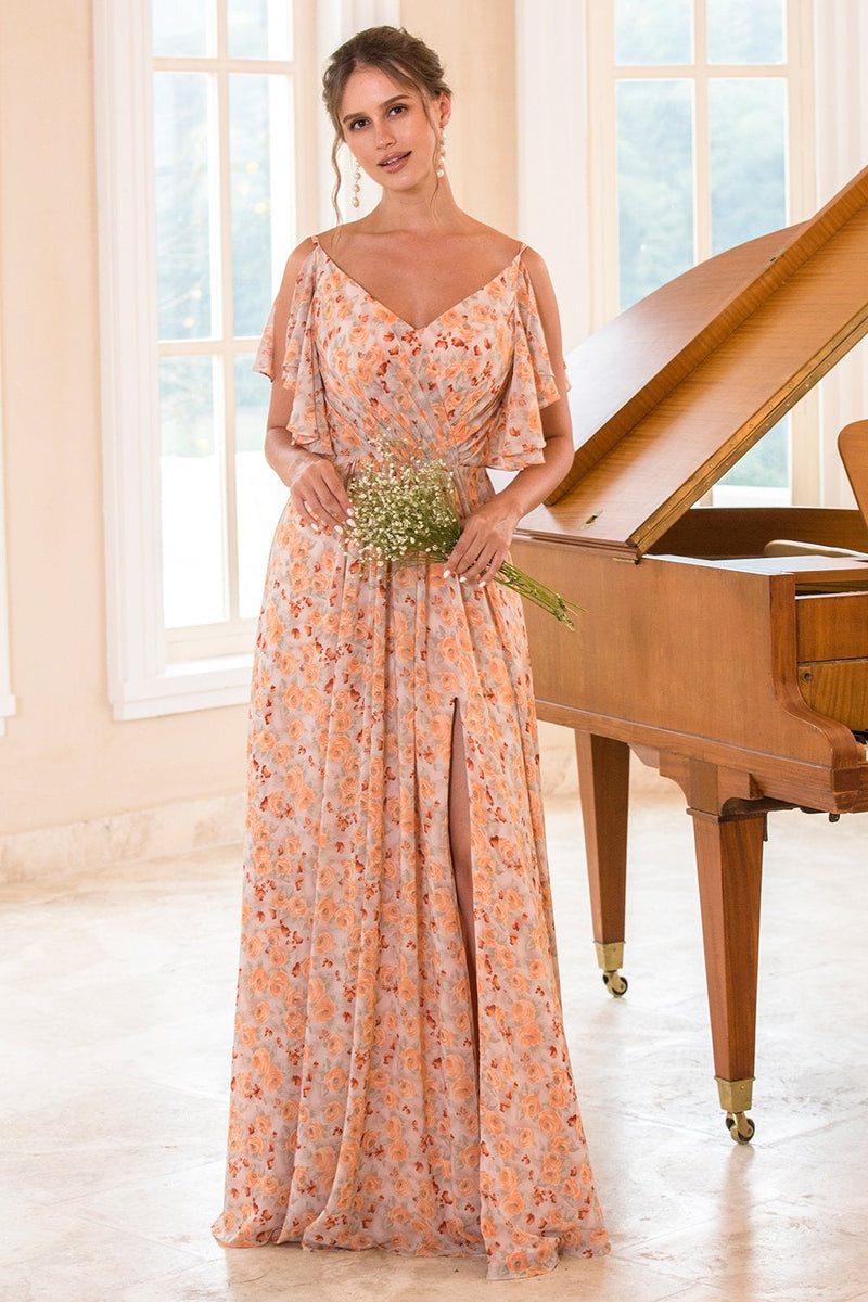 Load image into Gallery viewer, Floral Print Orange Bridesmaid Dress