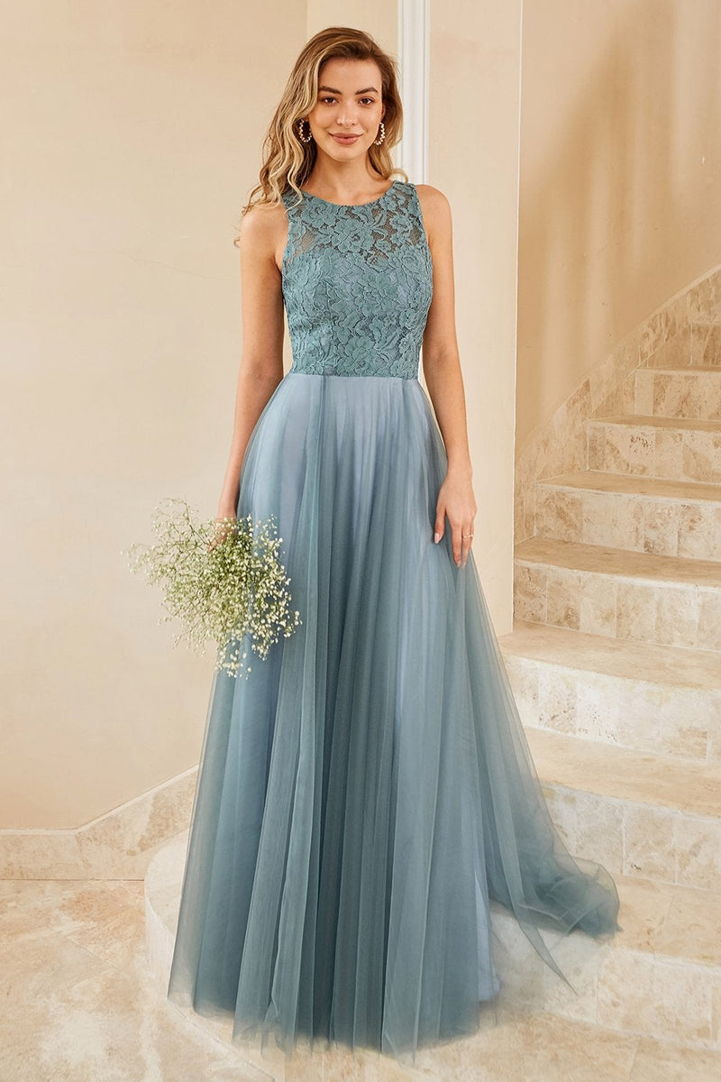 Load image into Gallery viewer, Grey Blue Tulle Bridesmaid Dress with Lace