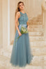 Load image into Gallery viewer, Grey Blue Tulle Bridesmaid Dress with Lace