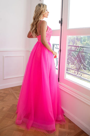 Convertible Spaghetti Straps Fuchsia Prom Dress with Slit